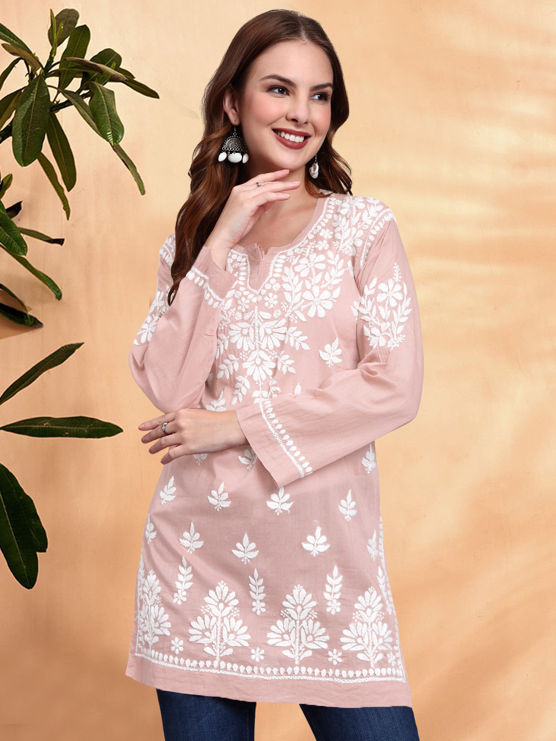 Women Hand Embroidered Chikankari Mulmul Short Top -AL3724 Peach
