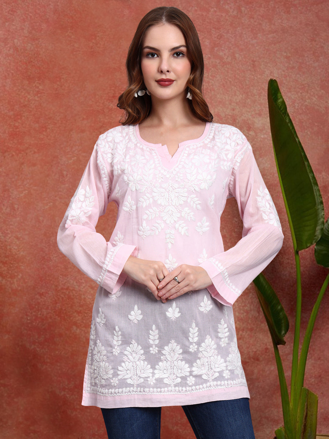 Women Hand Embroidered Chikankari Mulmul Short Top -AL3724 Pink
