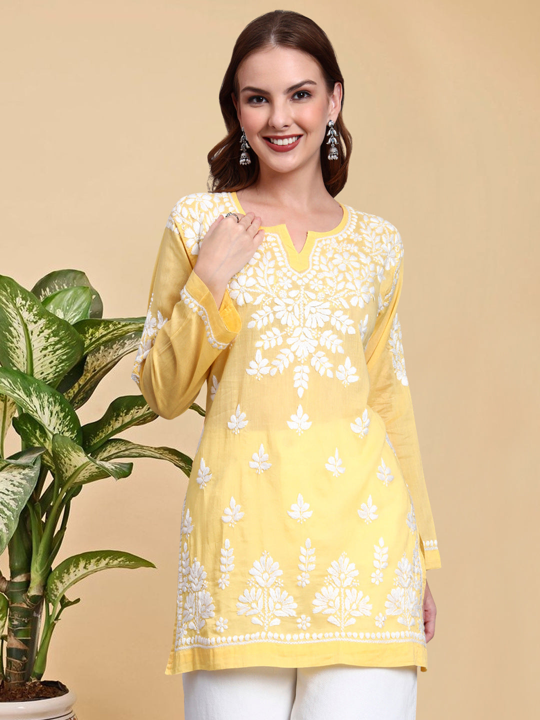 Women Hand Embroidered Chikankari Mulmul Short Top -AL3724 Yellow