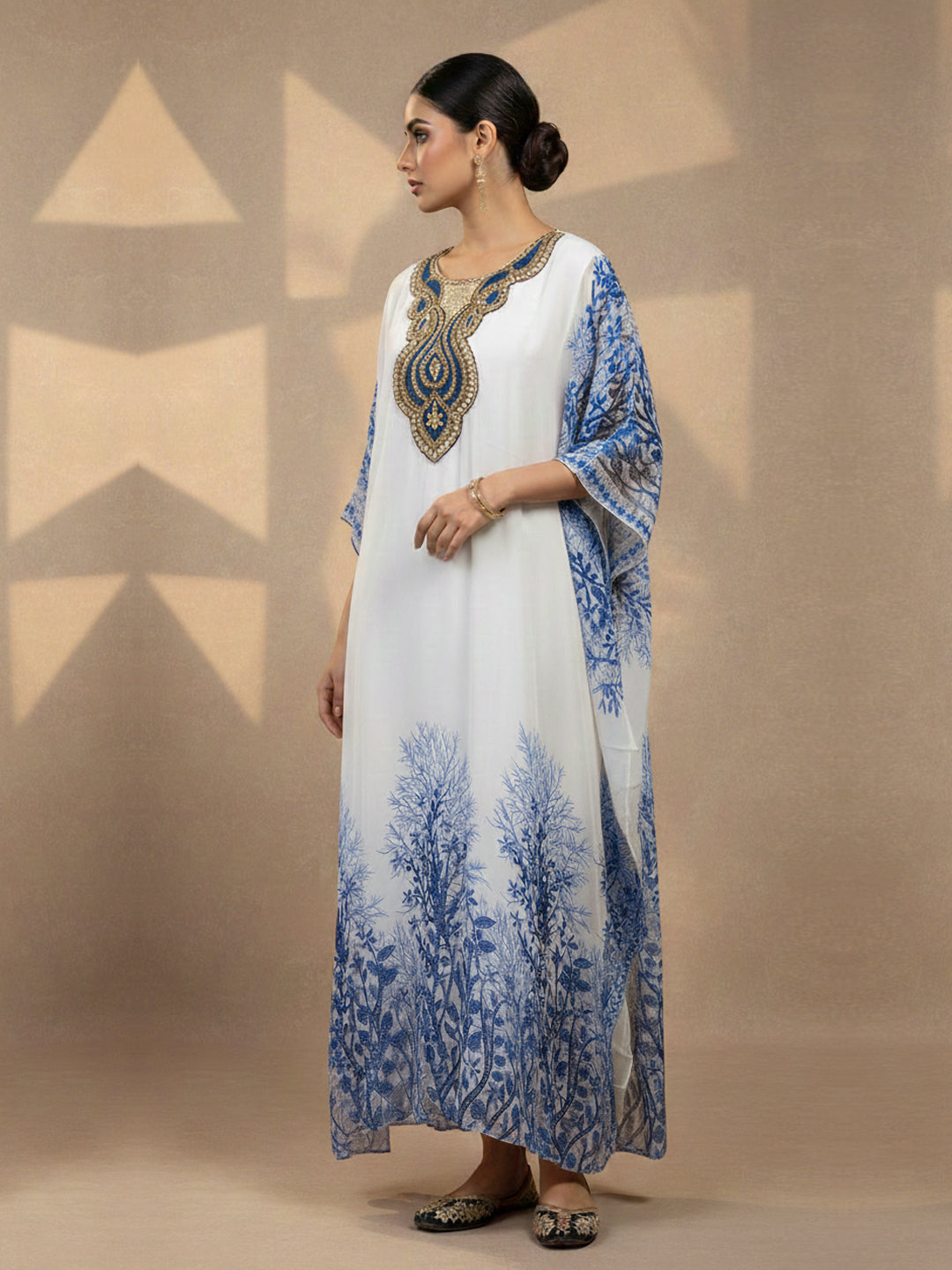 Women Floral Embroidered Chiffon Jalabiya-AL3830 Darkblue