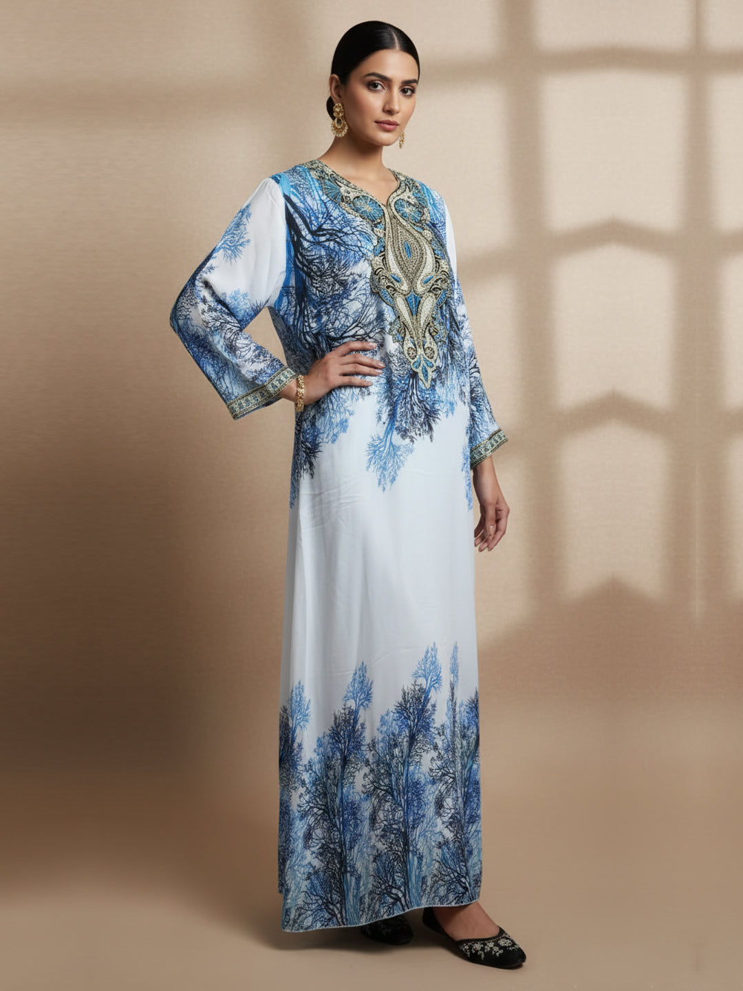 Women Floral Embroidered Chiffon Jalabiya-AL3830 Darkblue