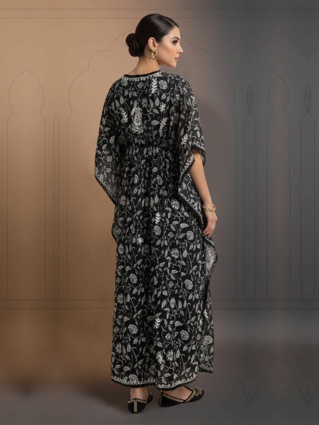 Hand Embroidered Chikankari A-Line Gathering Pattern Mulmul Cotton Kaftan-AL3833 Black