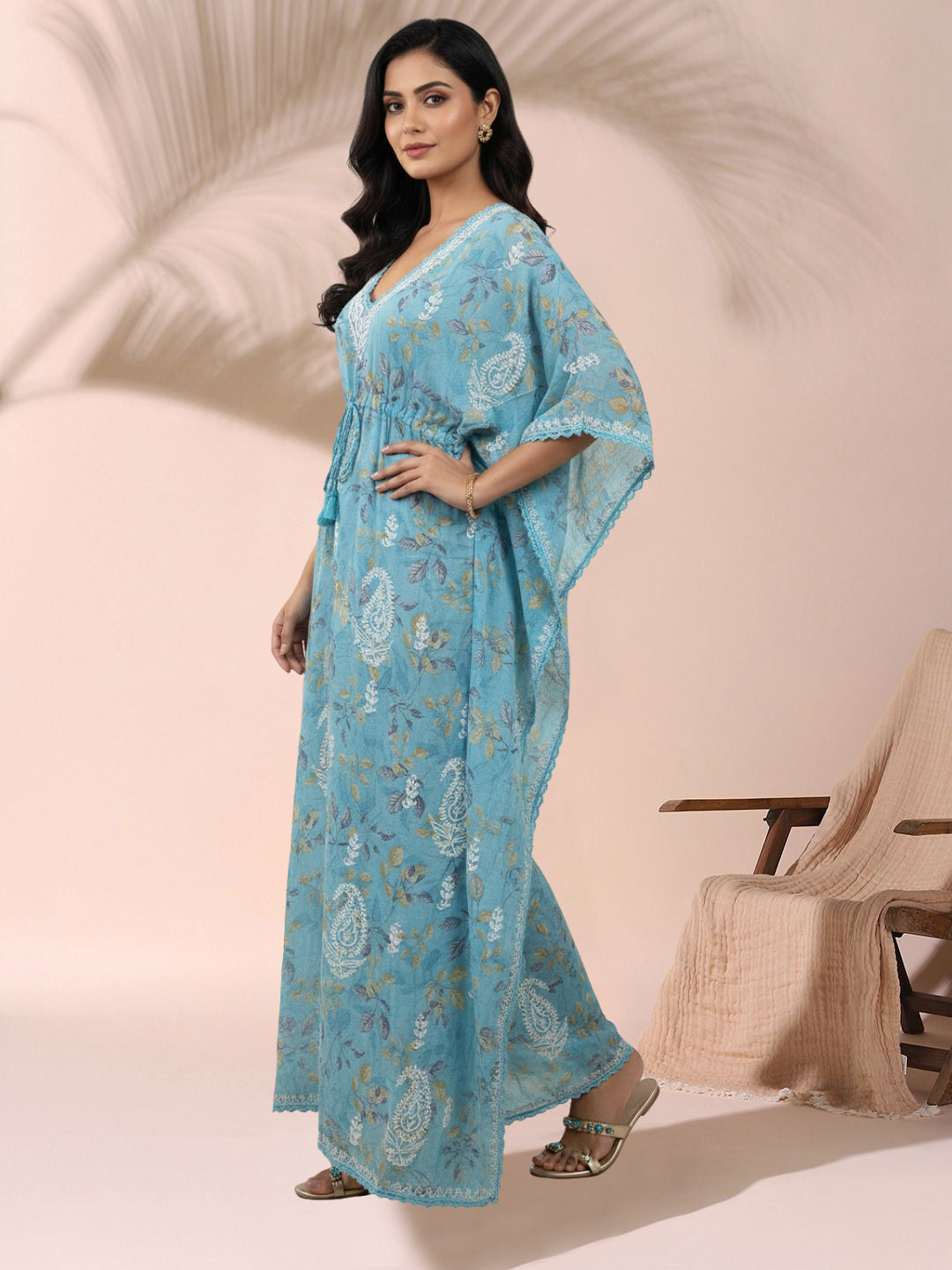 Hand Embroidered Chikankari A-Line Gathering Pattern Mulmul Cotton Kaftan-AL3833 Blue