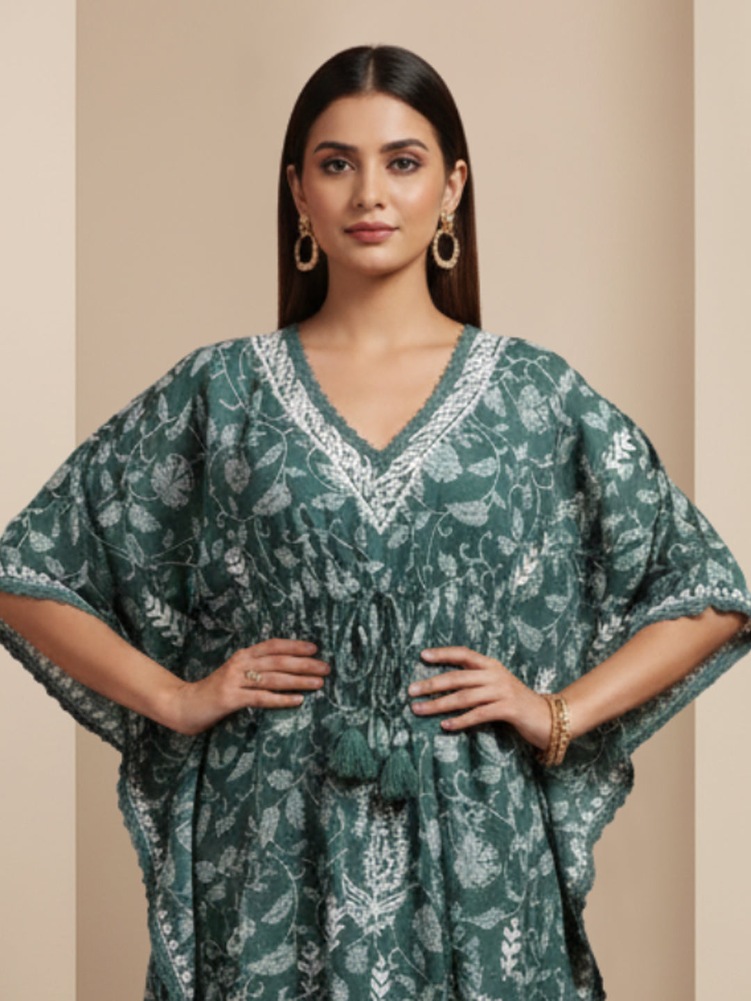 Hand Embroidered Chikankari A-Line Gathering Pattern Mulmul Cotton Kaftan-AL3833 Darkgreen