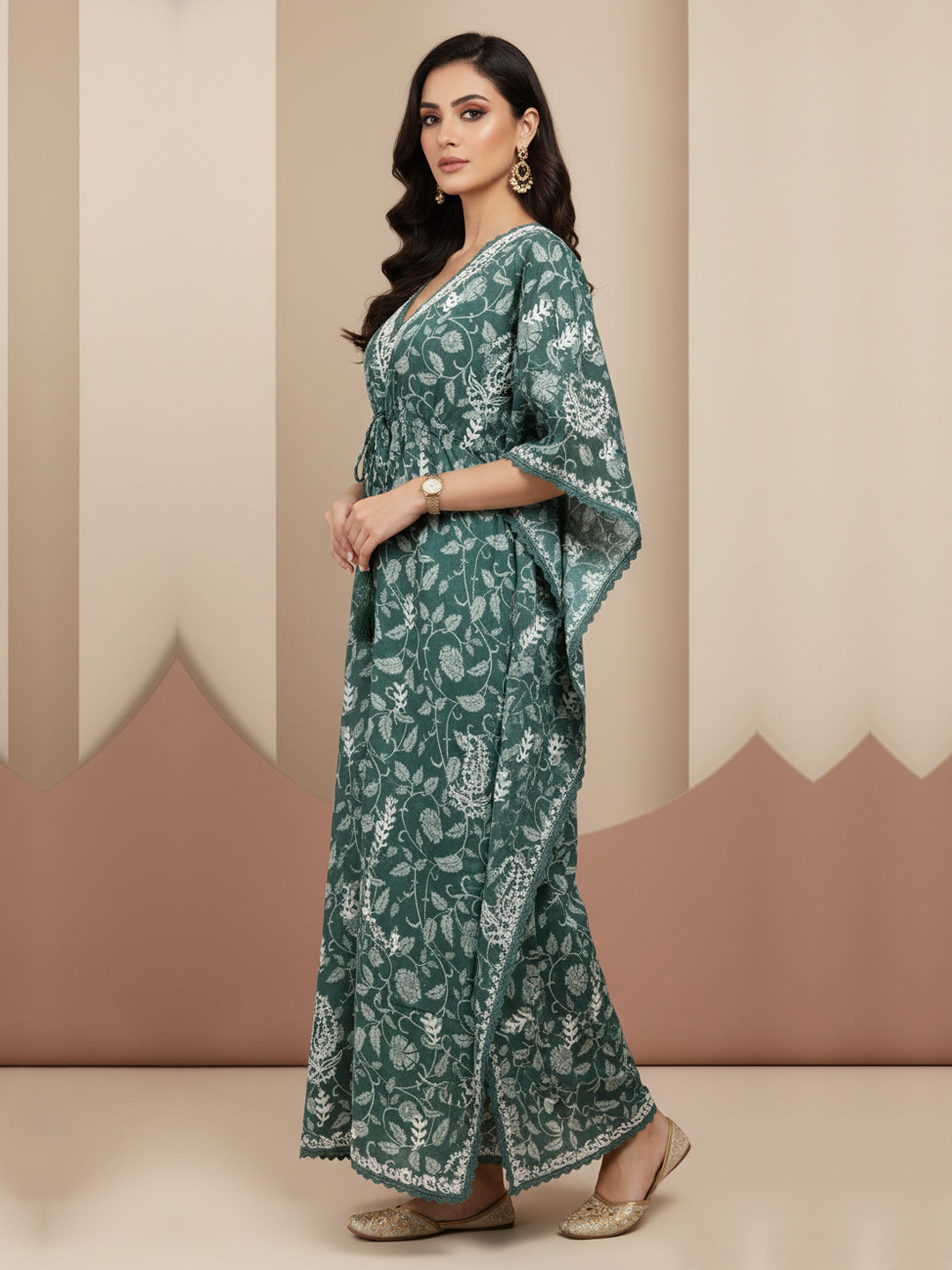 Hand Embroidered Chikankari A-Line Gathering Pattern Mulmul Cotton Kaftan-AL3833 Darkgreen