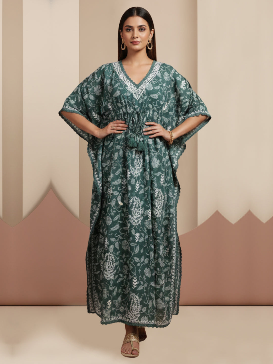 Hand Embroidered Chikankari A-Line Gathering Pattern Mulmul Cotton Kaftan-AL3833 Darkgreen