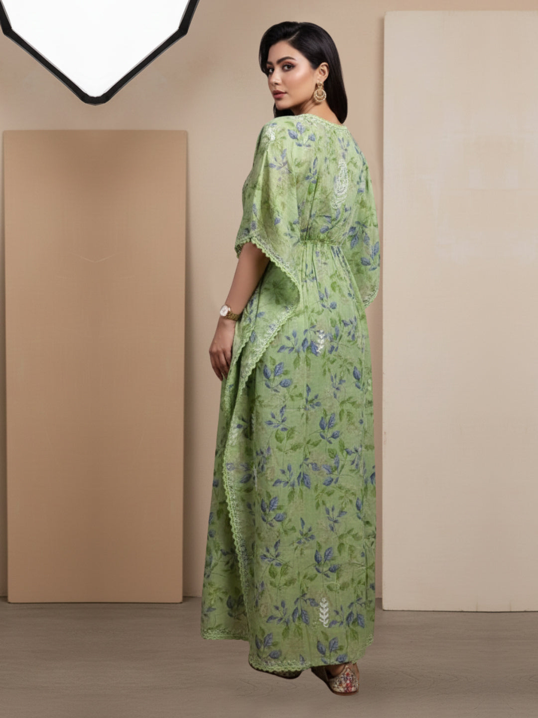 Hand Embroidered Chikankari A-Line Gathering Pattern Mulmul Cotton Kaftan-AL3833 Green