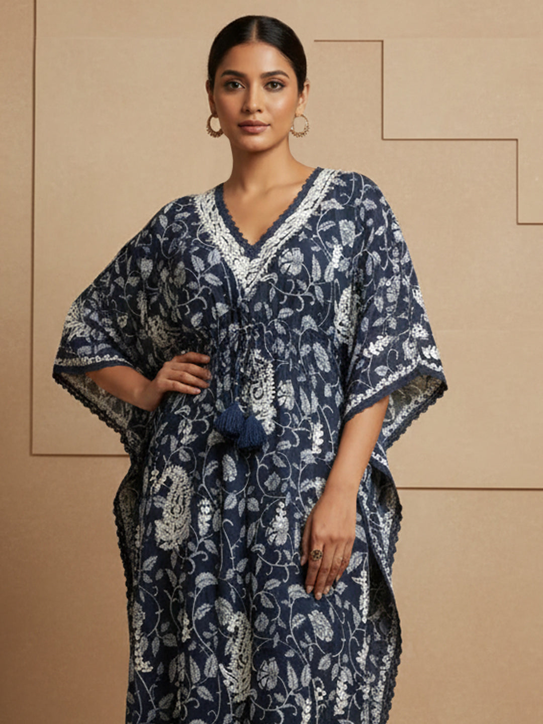 Hand Embroidered Chikankari A-Line Gathering Pattern Mulmul Cotton Kaftan-AL3833 Navy