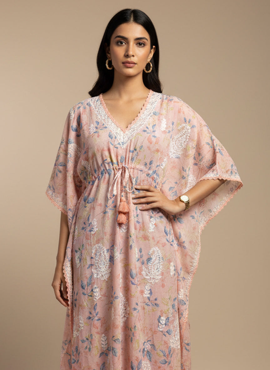 Hand Embroidered Chikankari A-Line Gathering Pattern Mulmul Cotton Kaftan-AL3833 Peach