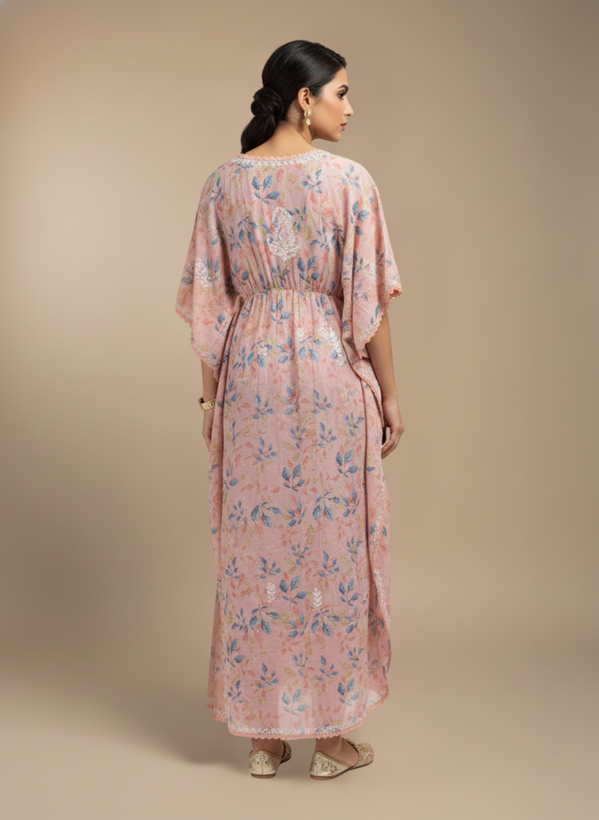 Hand Embroidered Chikankari A-Line Gathering Pattern Mulmul Cotton Kaftan-AL3833 Peach