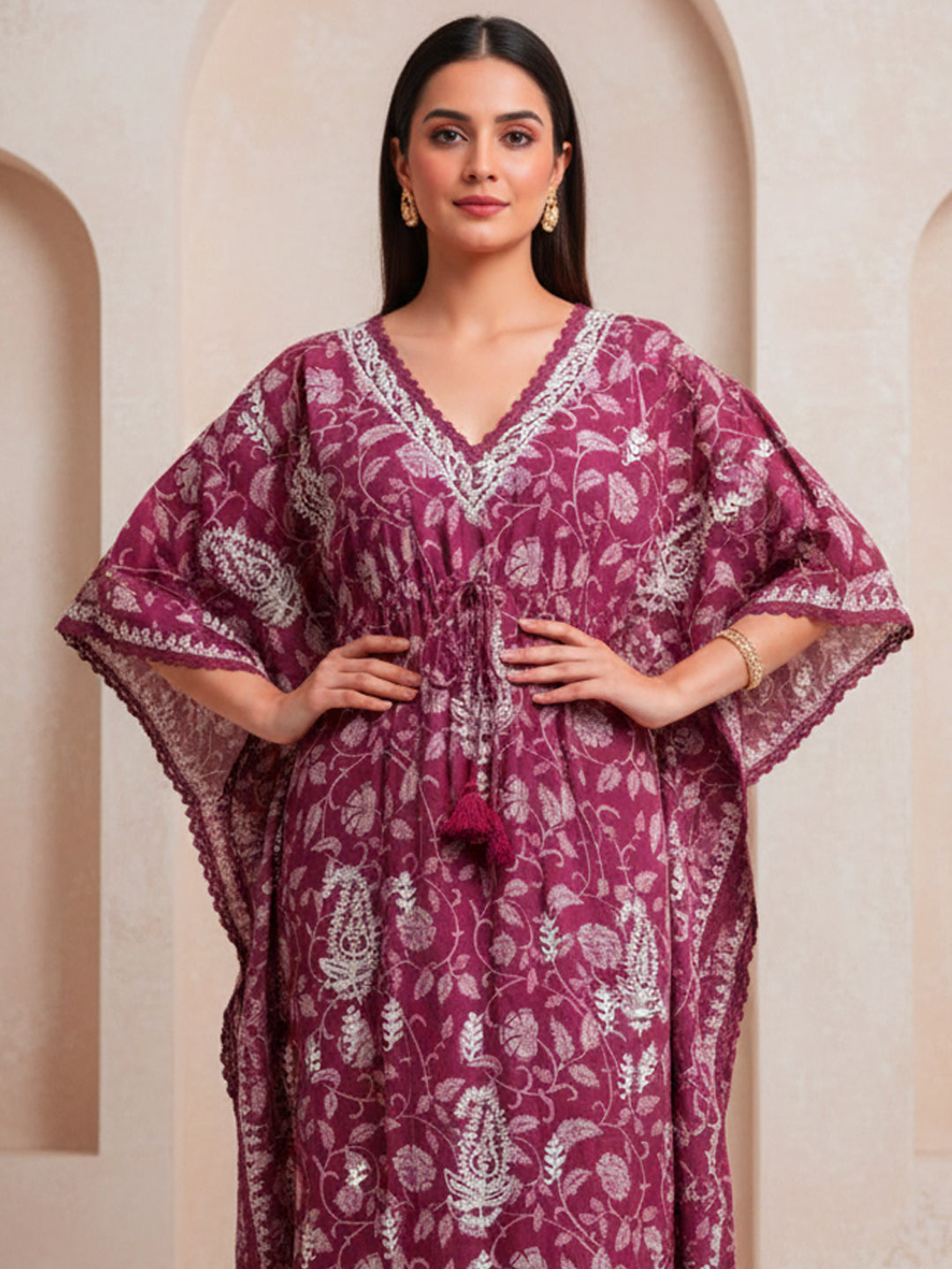 Hand Embroidered Chikankari A-Line Gathering Pattern Mulmul Cotton Kaftan-AL3833 Red
