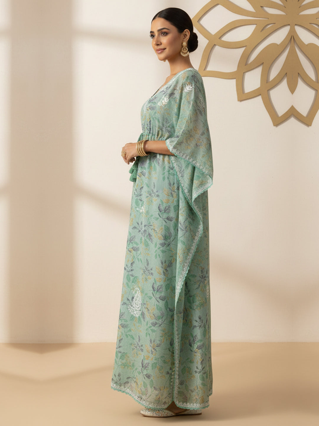 Hand Embroidered Chikankari A-Line Gathering Pattern Mulmul Cotton Kaftan-AL3833 Seagreen