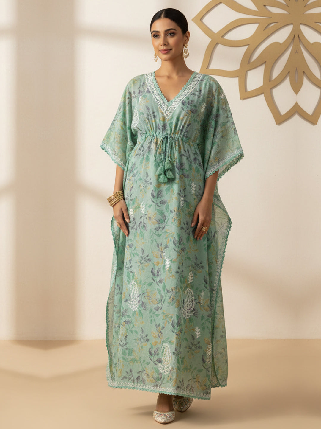 Hand Embroidered Chikankari A-Line Gathering Pattern Mulmul Cotton Kaftan-AL3833 Seagreen