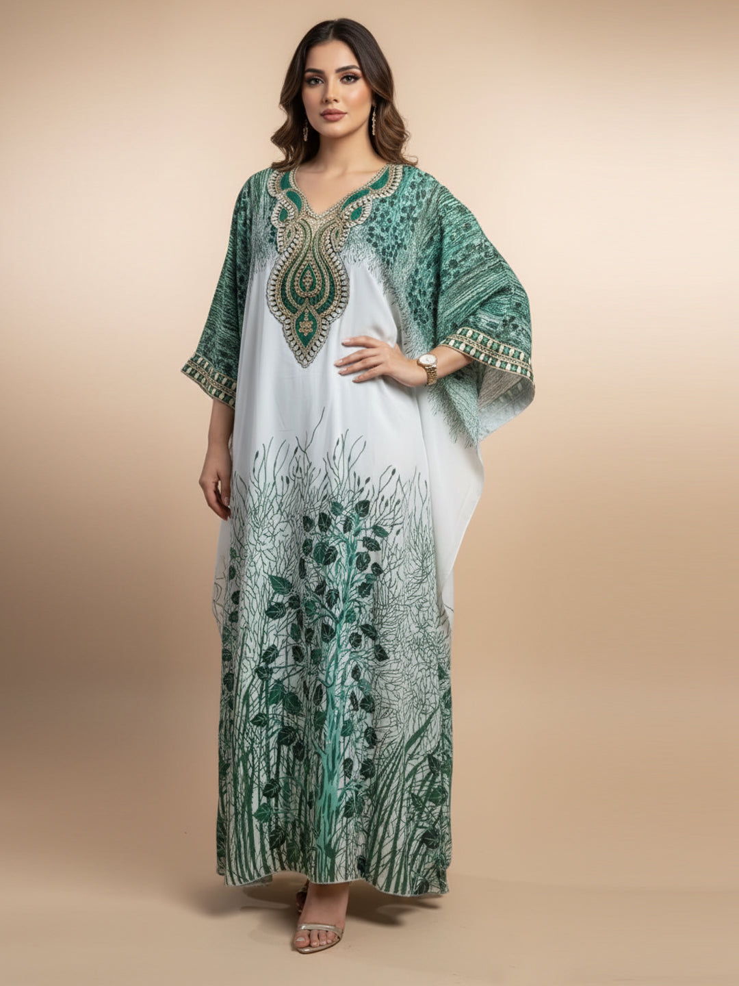 Hand Embroidered Chikankari Chiffon Kaftan-AL3851 Bottlegreen