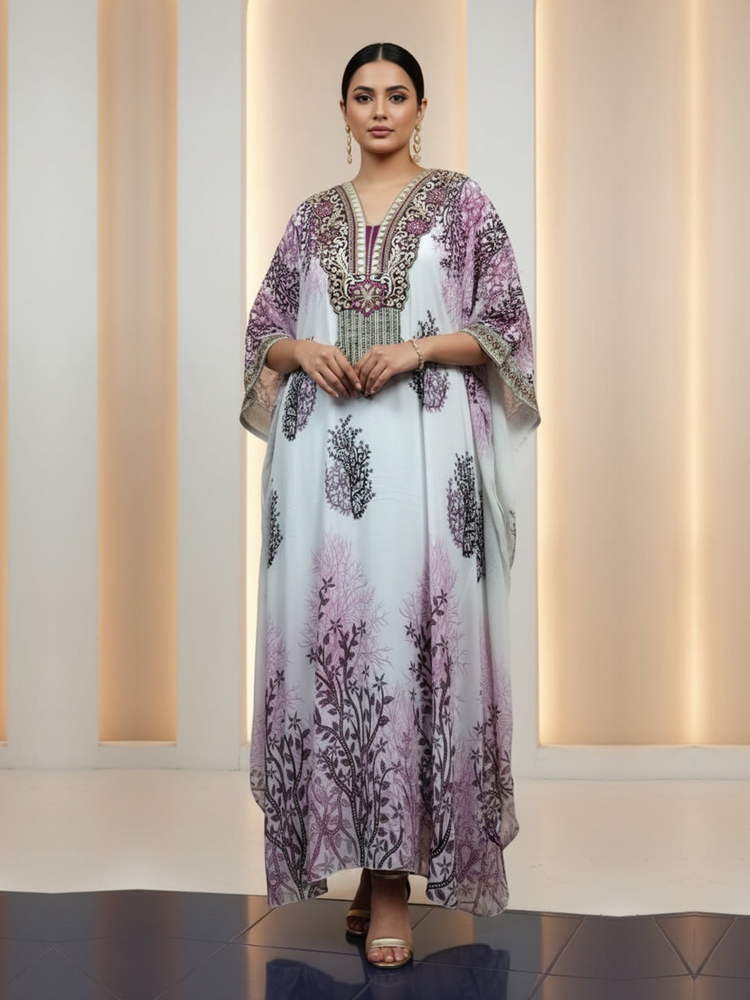 Hand Embroidered Chikankari Chiffon Kaftan-AL3851A Burgundy