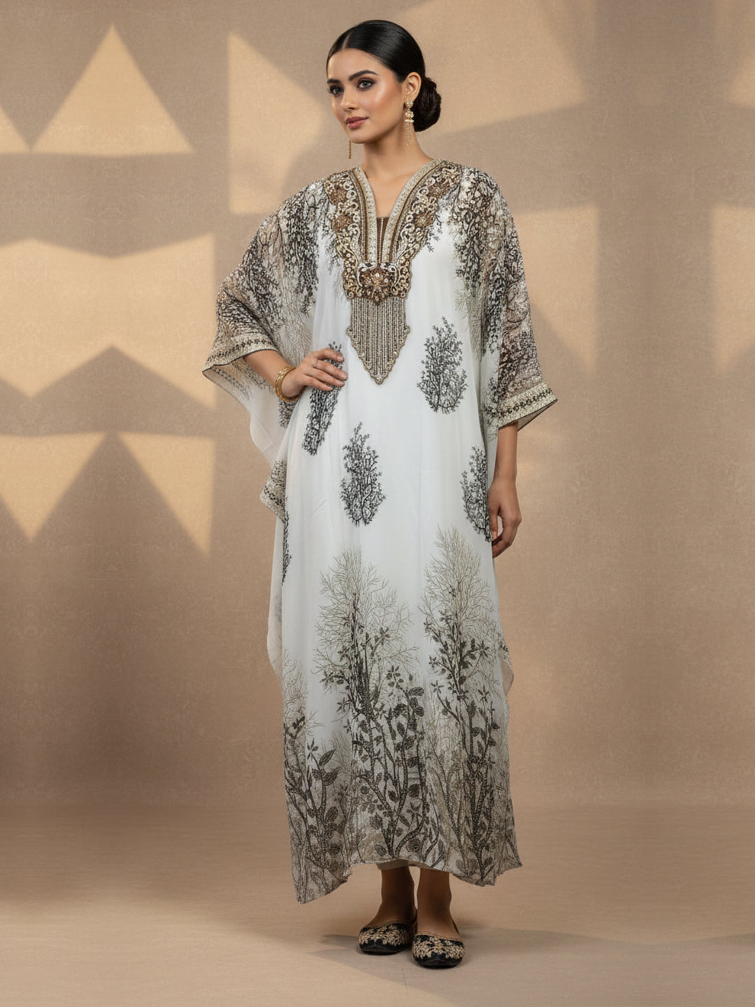 Hand Embroidered Chikankari Chiffon Kaftan-AL3851A Olive