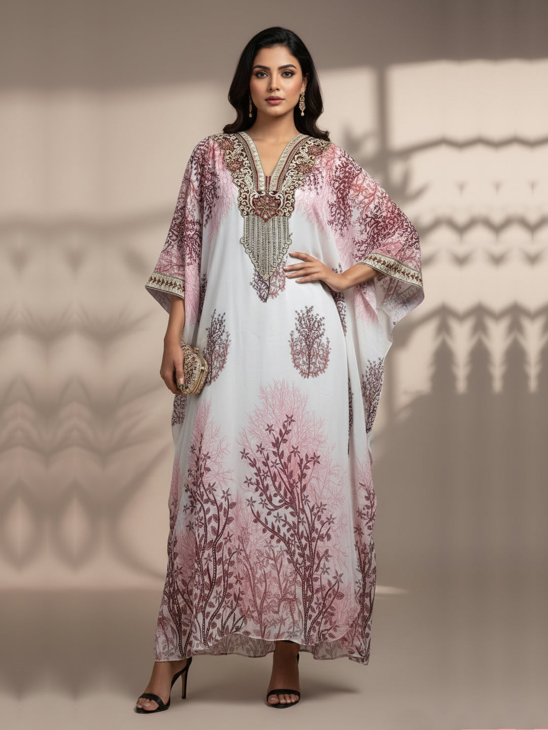 Hand Embroidered Chikankari Chiffon Kaftan-AL3851A Pink