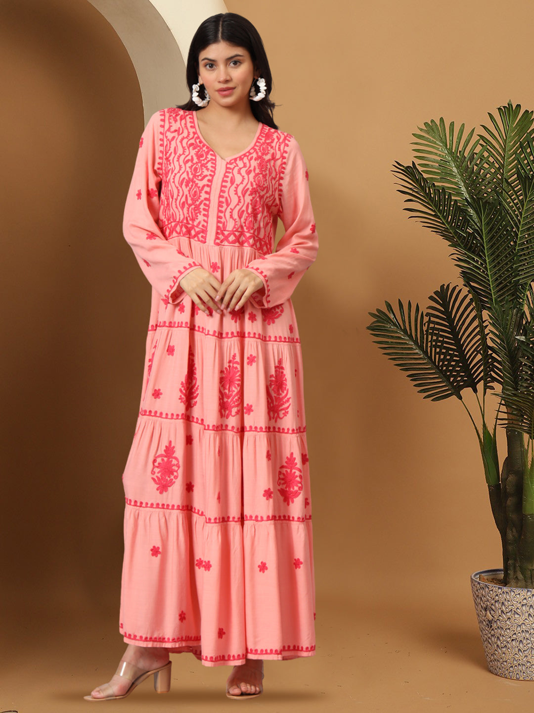 Hand Embroidered Lucknowi Chikankari Rayon Jalabiya-AL3935 Coral