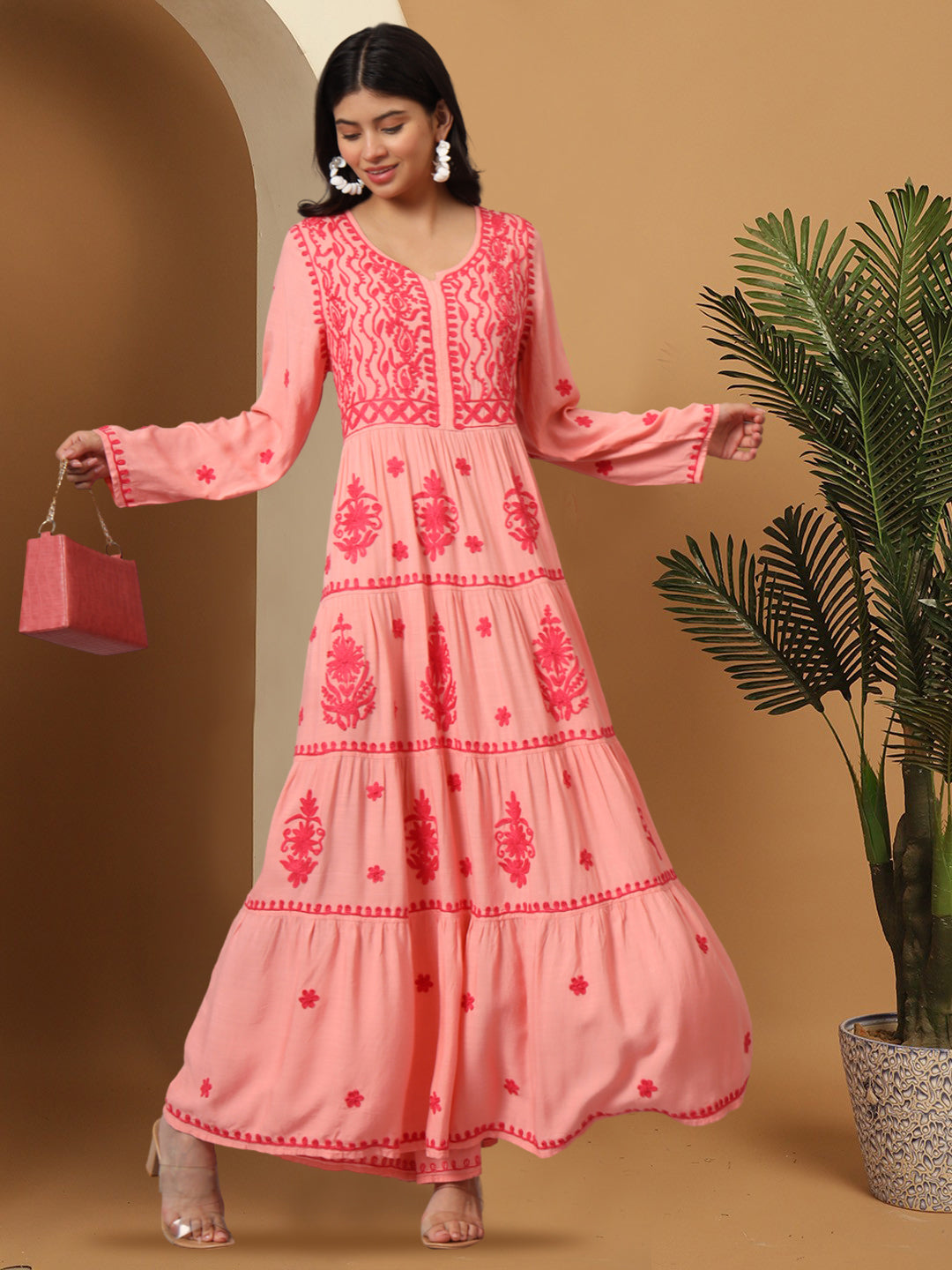 Hand Embroidered Lucknowi Chikankari Rayon Jalabiya-AL3935 Coral