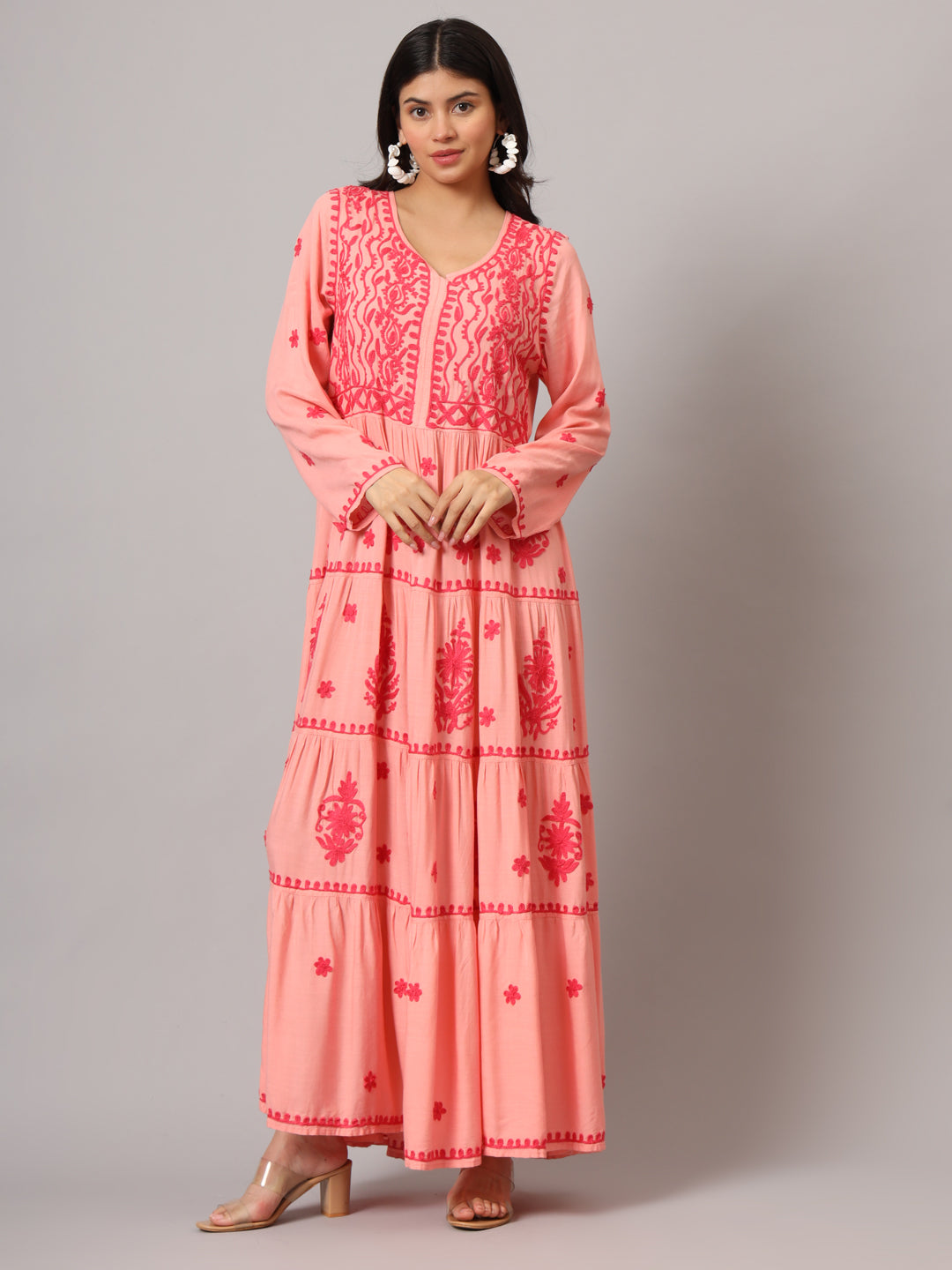 Hand Embroidered Lucknowi Chikankari Rayon Jalabiya-AL3935 Coral