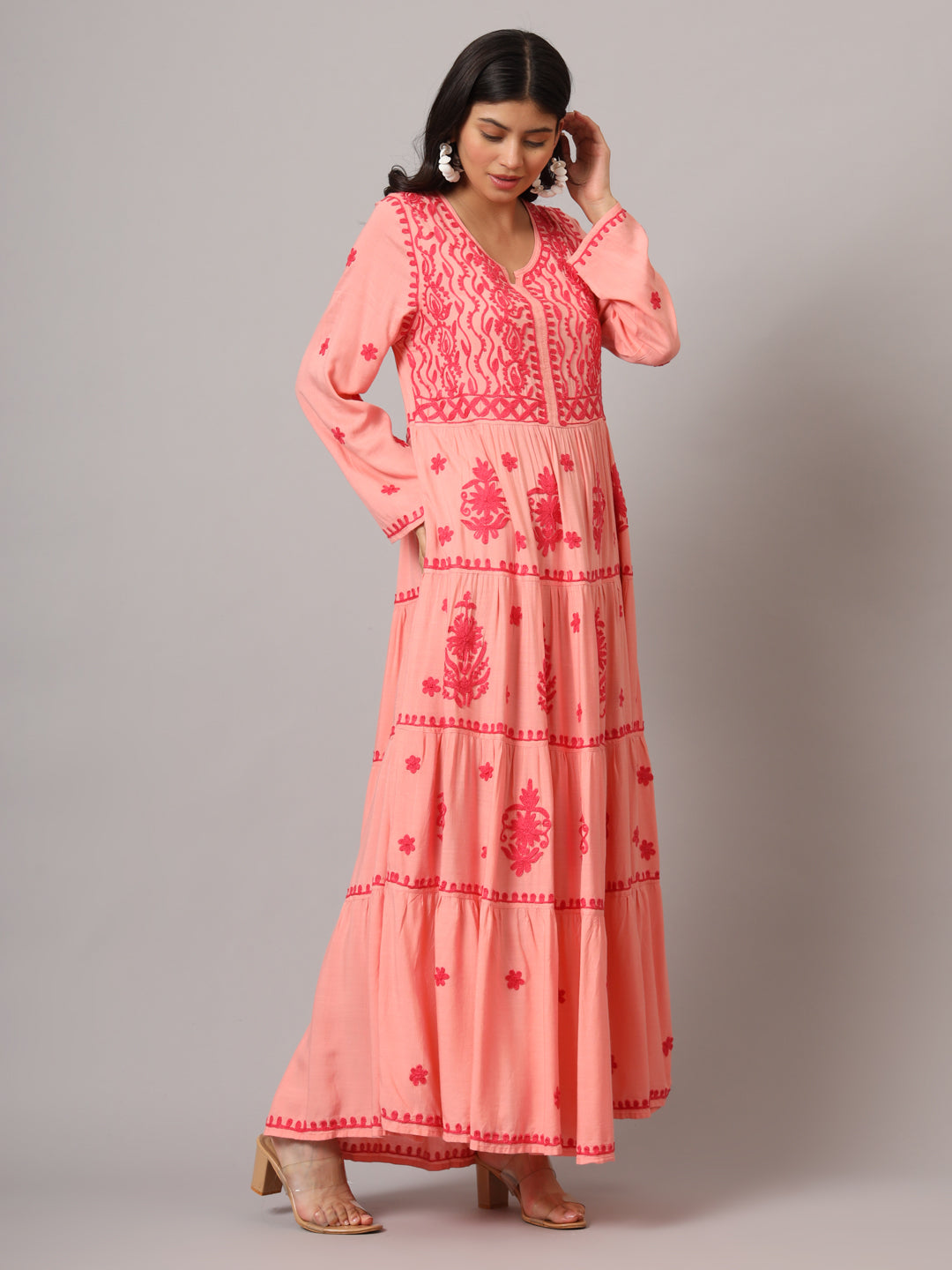Hand Embroidered Lucknowi Chikankari Rayon Jalabiya-AL3935 Coral