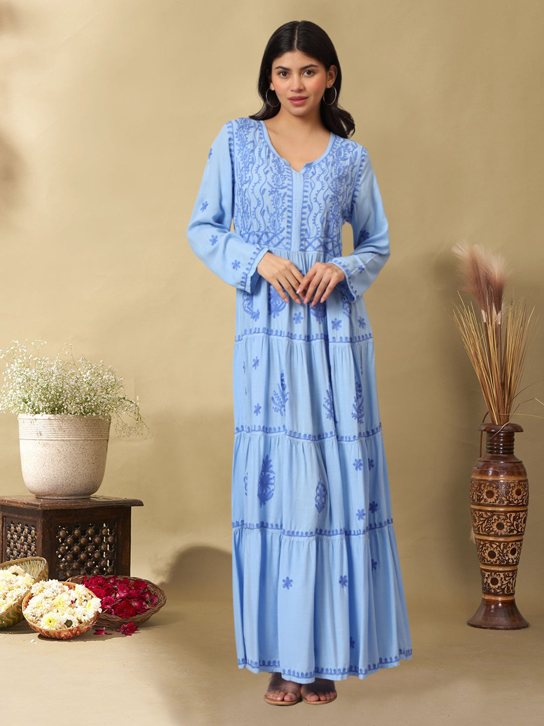 Hand Embroidered Lucknowi Chikankari Rayon Jalabiya-AL3935 Denimblue