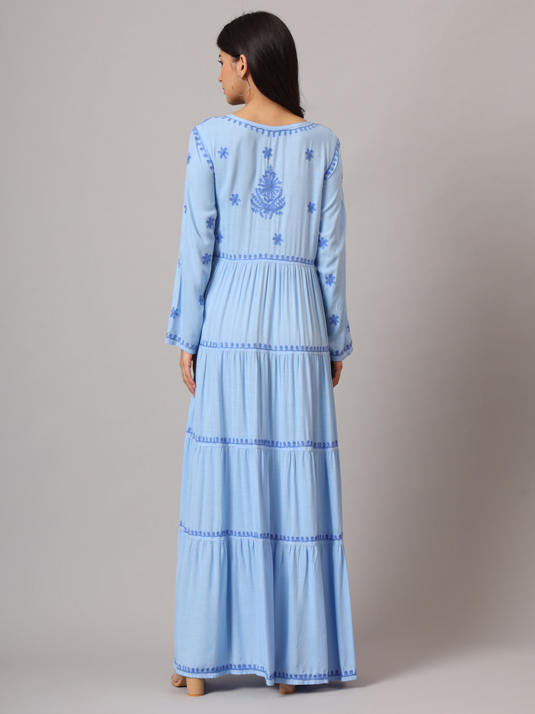 Hand Embroidered Lucknowi Chikankari Rayon Jalabiya-AL3935 Denimblue
