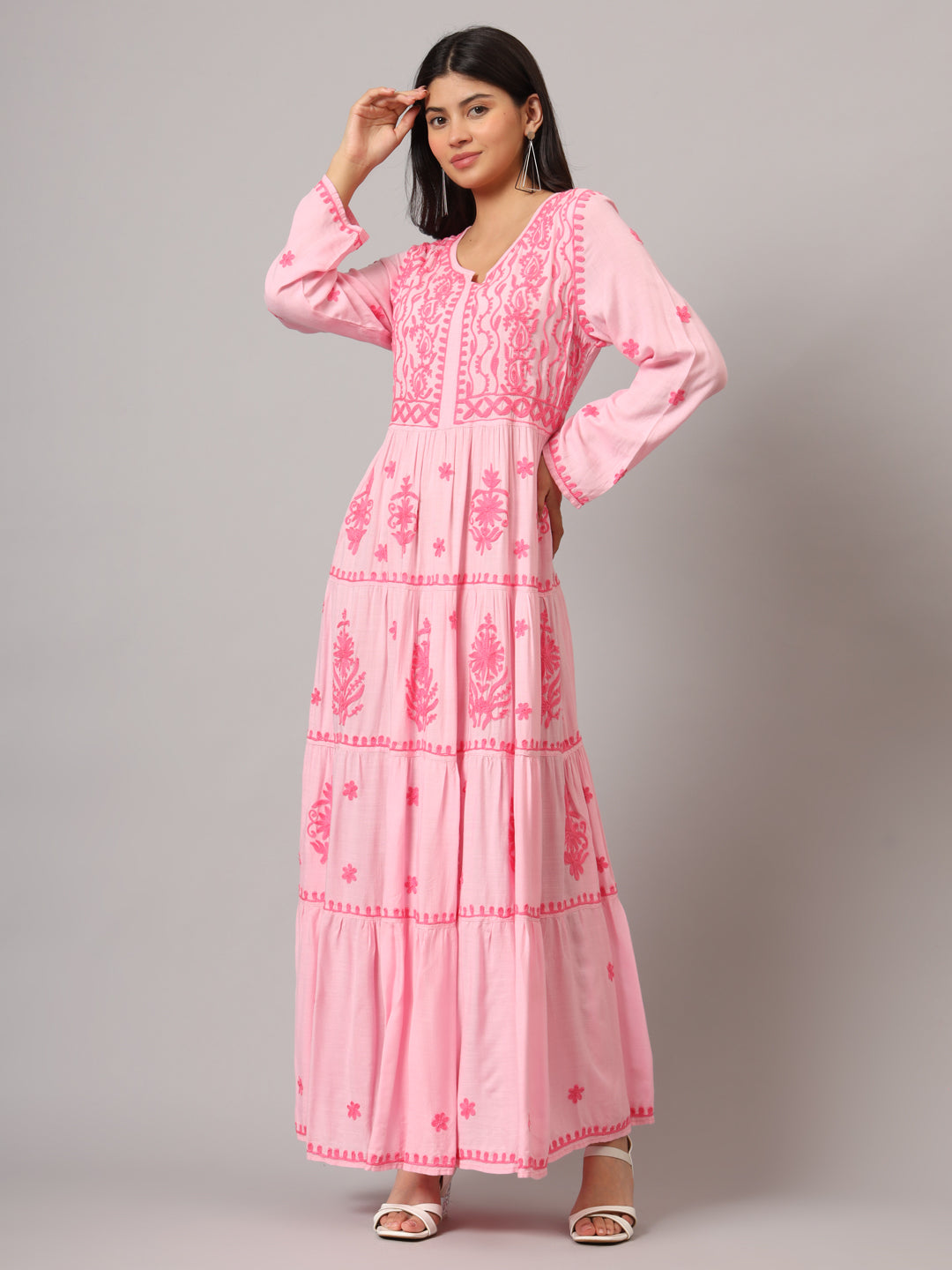 Hand Embroidered Lucknowi Chikankari Rayon Jalabiya-AL3935 Pink