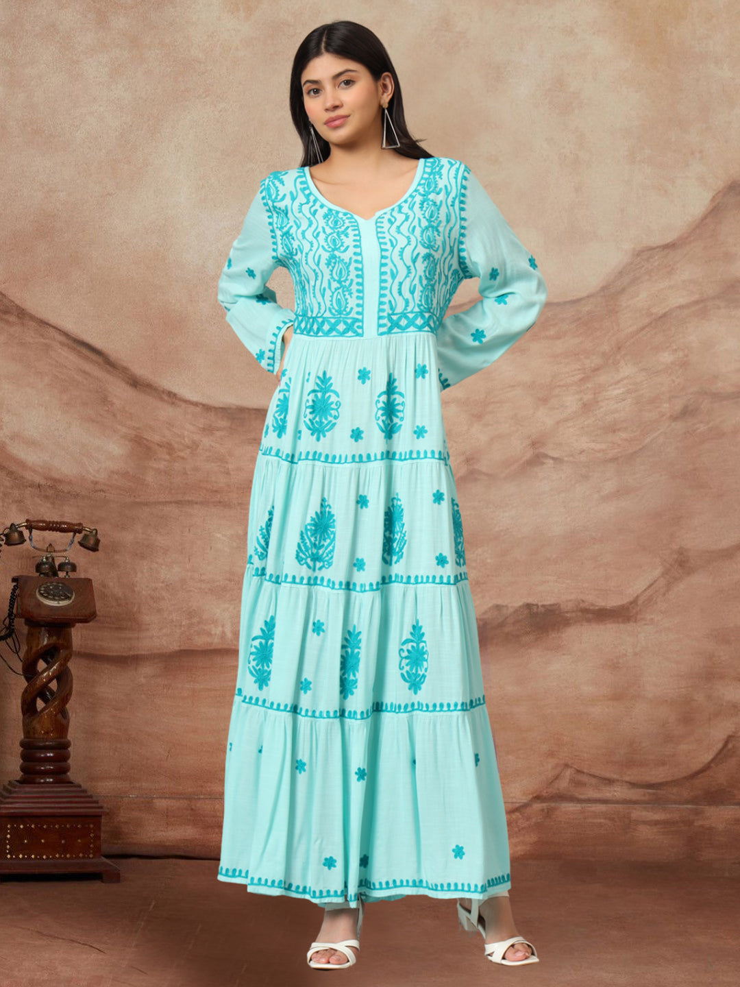 Hand Embroidered Lucknowi Chikankari Rayon Jalabiya-AL3935 Seagreen