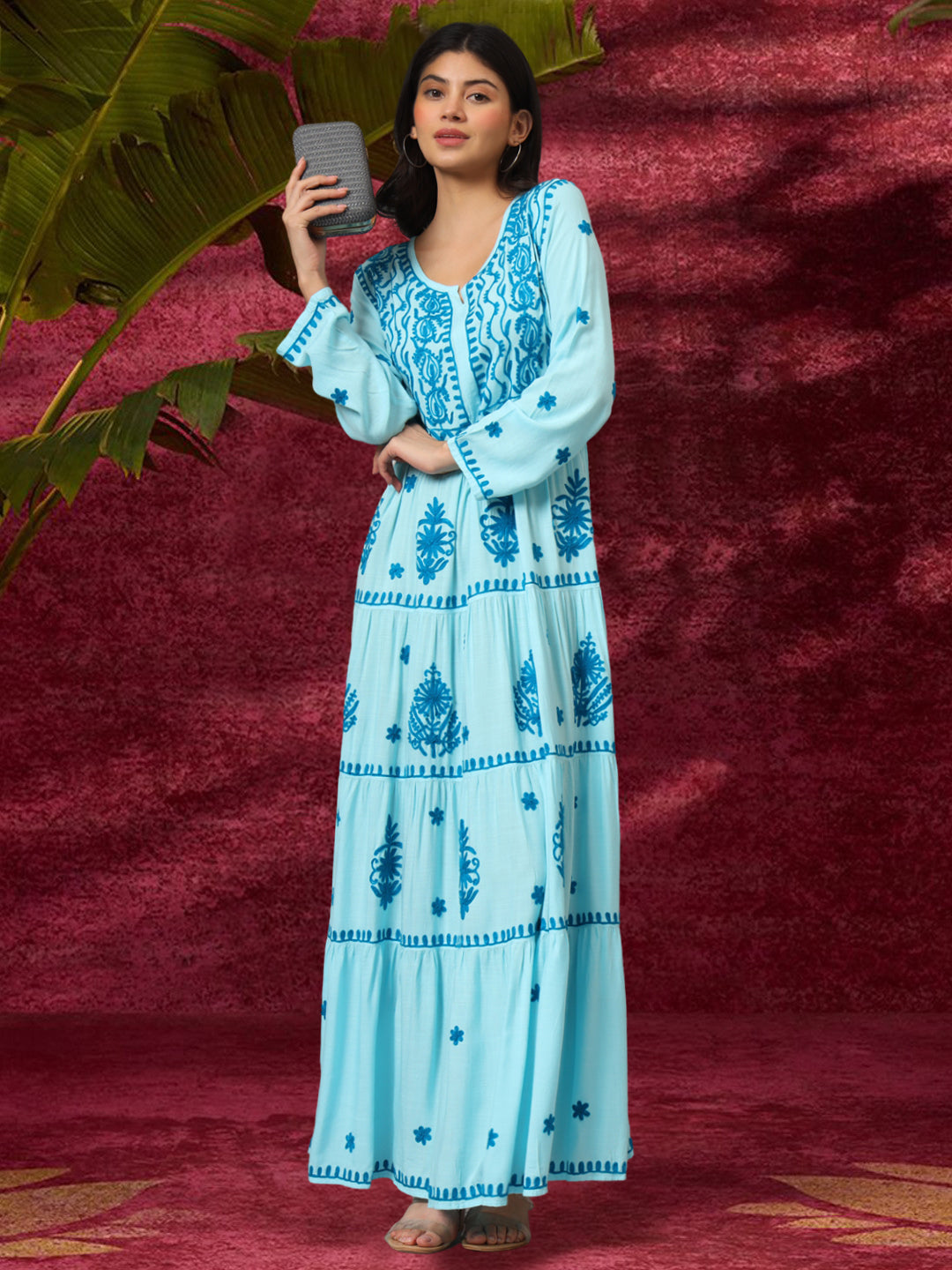 Hand Embroidered Lucknowi Chikankari Rayon Jalabiya-AL3935 Turquoise