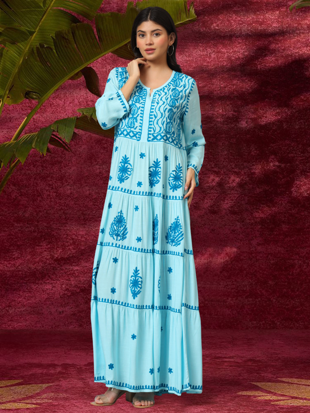 Hand Embroidered Lucknowi Chikankari Rayon Jalabiya-AL3935 Turquoise