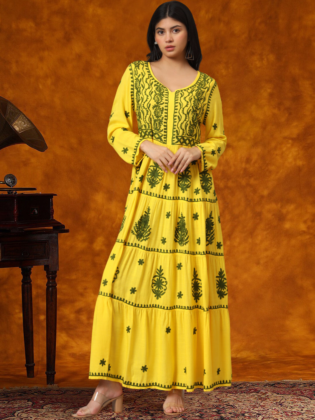 Hand Embroidered Lucknowi Chikankari Rayon Jalabiya-AL3935 Yellow