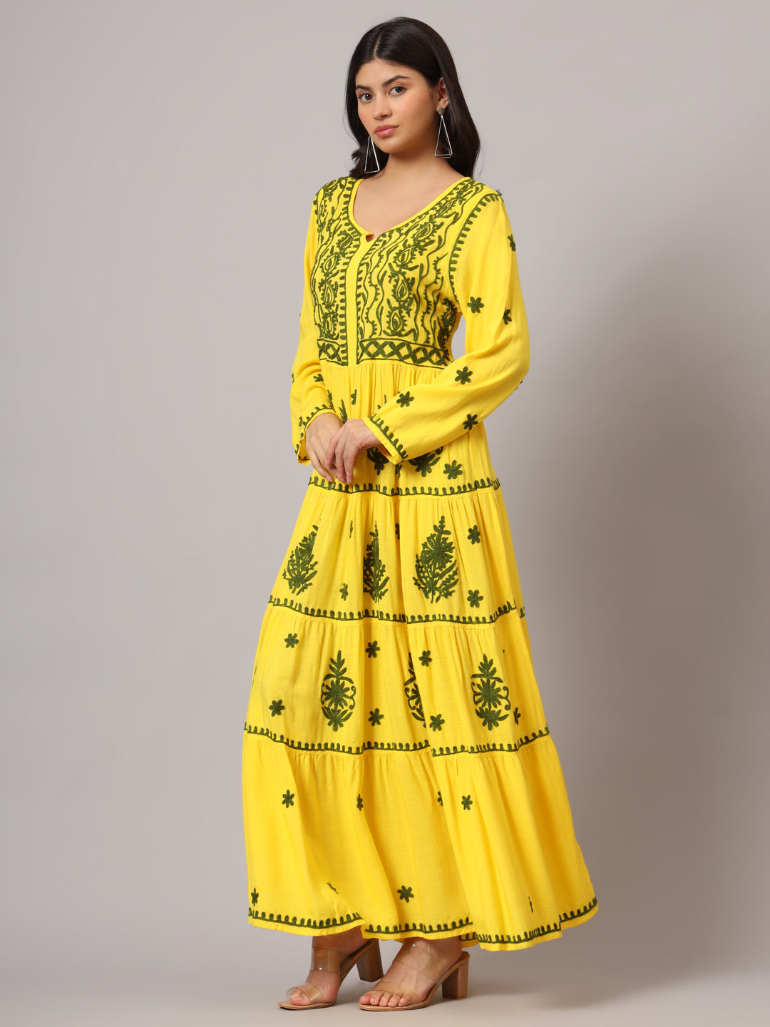 Hand Embroidered Lucknowi Chikankari Rayon Jalabiya-AL3935 Yellow