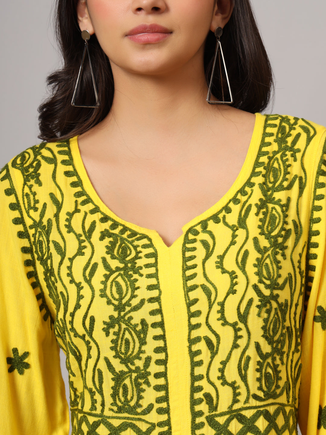 Hand Embroidered Lucknowi Chikankari Rayon Jalabiya-AL3935 Yellow