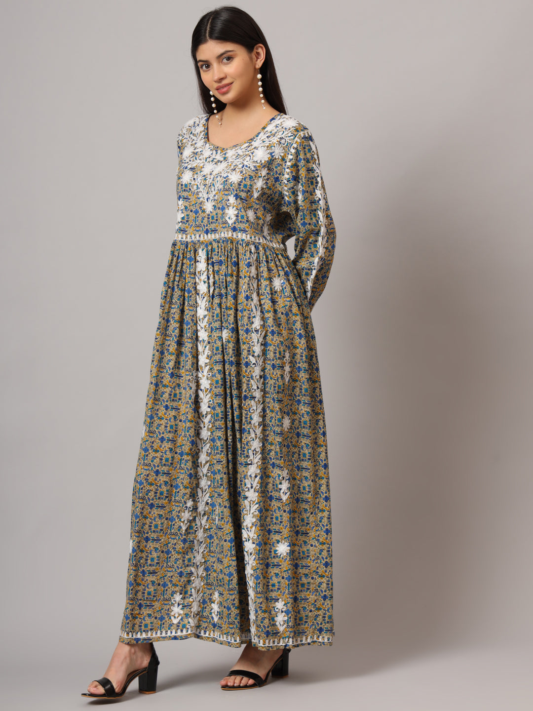 Hand Embroidered Lucknowi Chikankari Printed Mulmul Cotton Jalabiya-AL3936 Beige & Blue