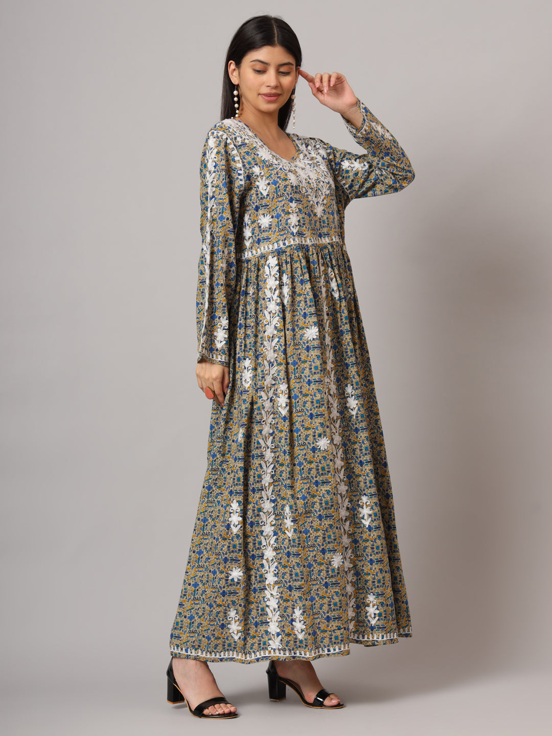 Hand Embroidered Lucknowi Chikankari Printed Mulmul Cotton Jalabiya-AL3936 Beige & Blue