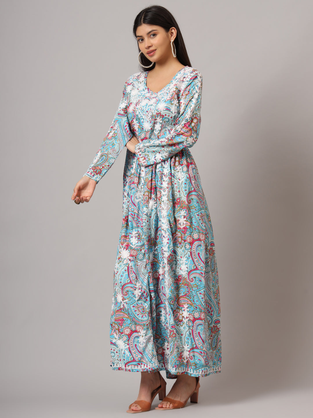 Hand Embroidered Lucknowi Chikankari Printed Mulmul Cotton Jalabiya-AL3936 Blue & Pink