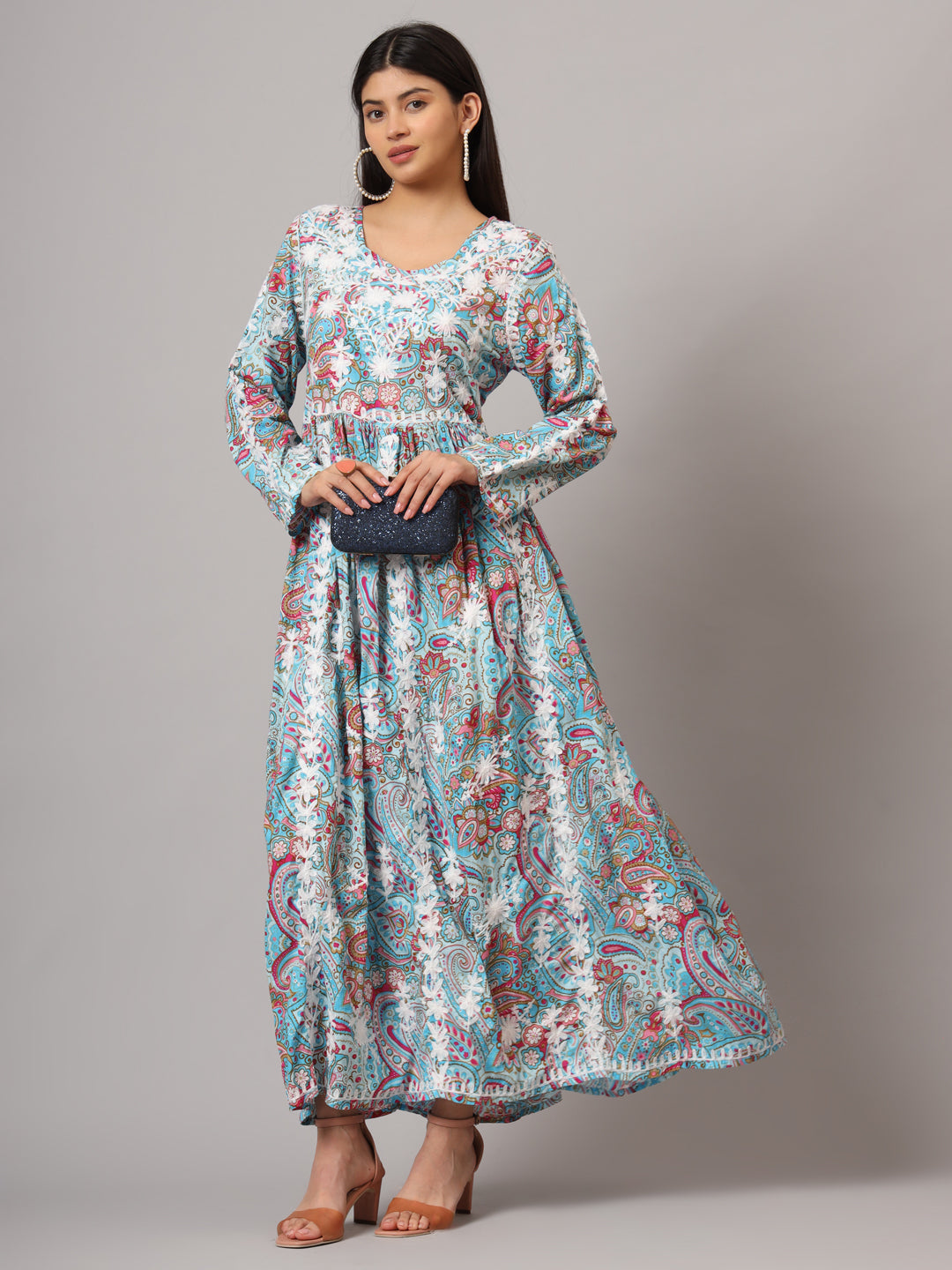 Hand Embroidered Lucknowi Chikankari Printed Mulmul Cotton Jalabiya-AL3936 Blue & Pink