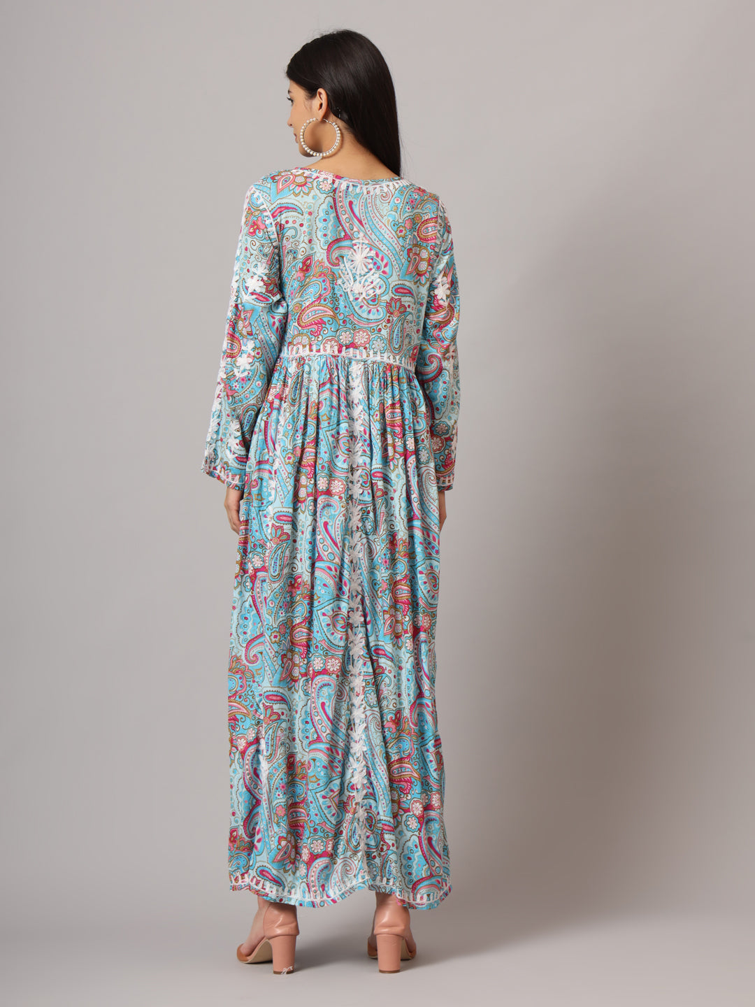 Hand Embroidered Lucknowi Chikankari Printed Mulmul Cotton Jalabiya-AL3936 Blue & Pink