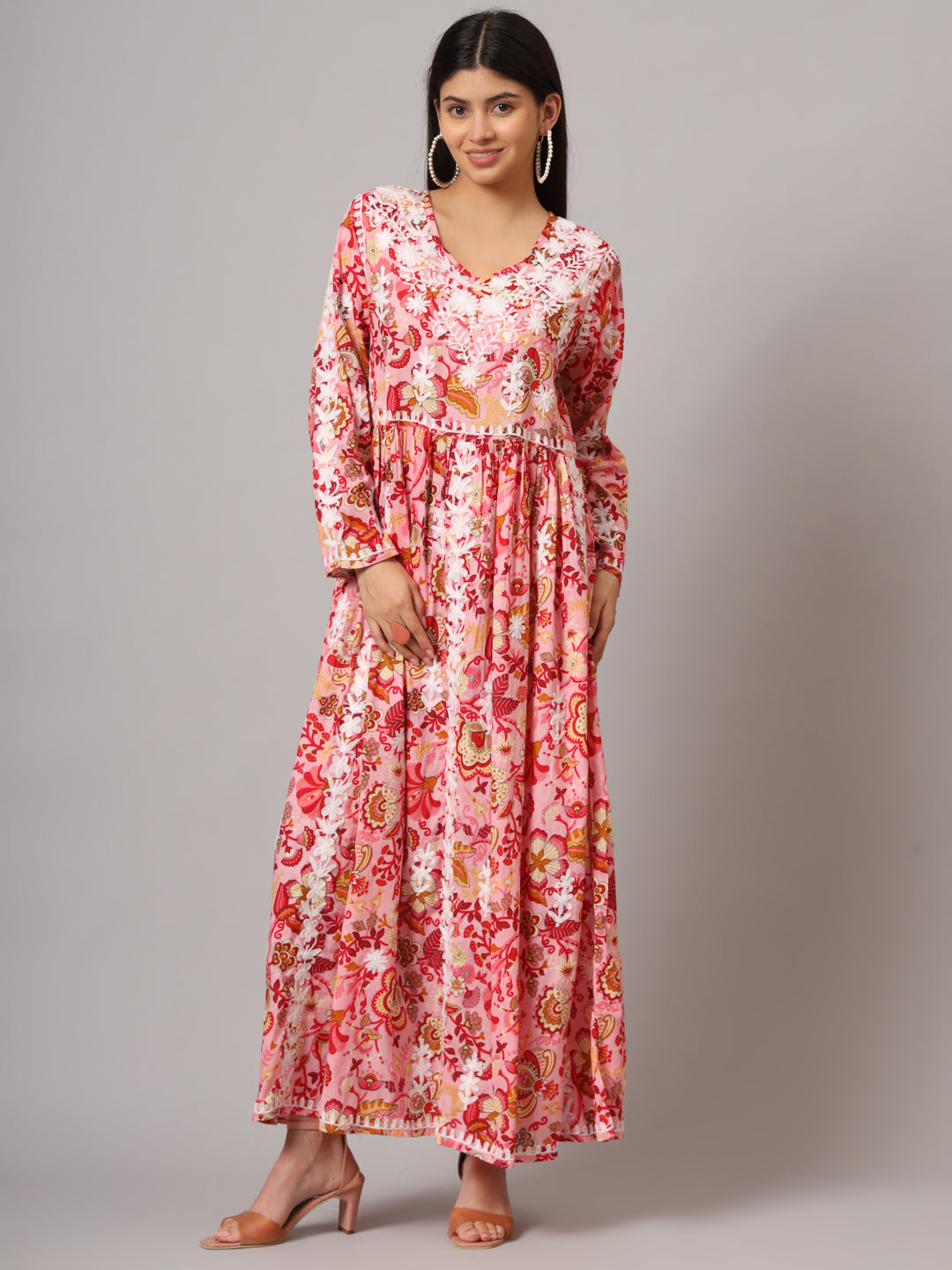 Hand Embroidered Lucknowi Chikankari Printed Mulmul Cotton Jalabiya-AL3936 Coral