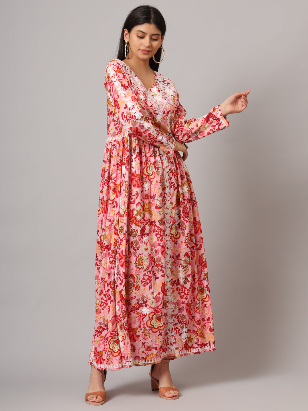 Hand Embroidered Lucknowi Chikankari Printed Mulmul Cotton Jalabiya-AL3936 Coral