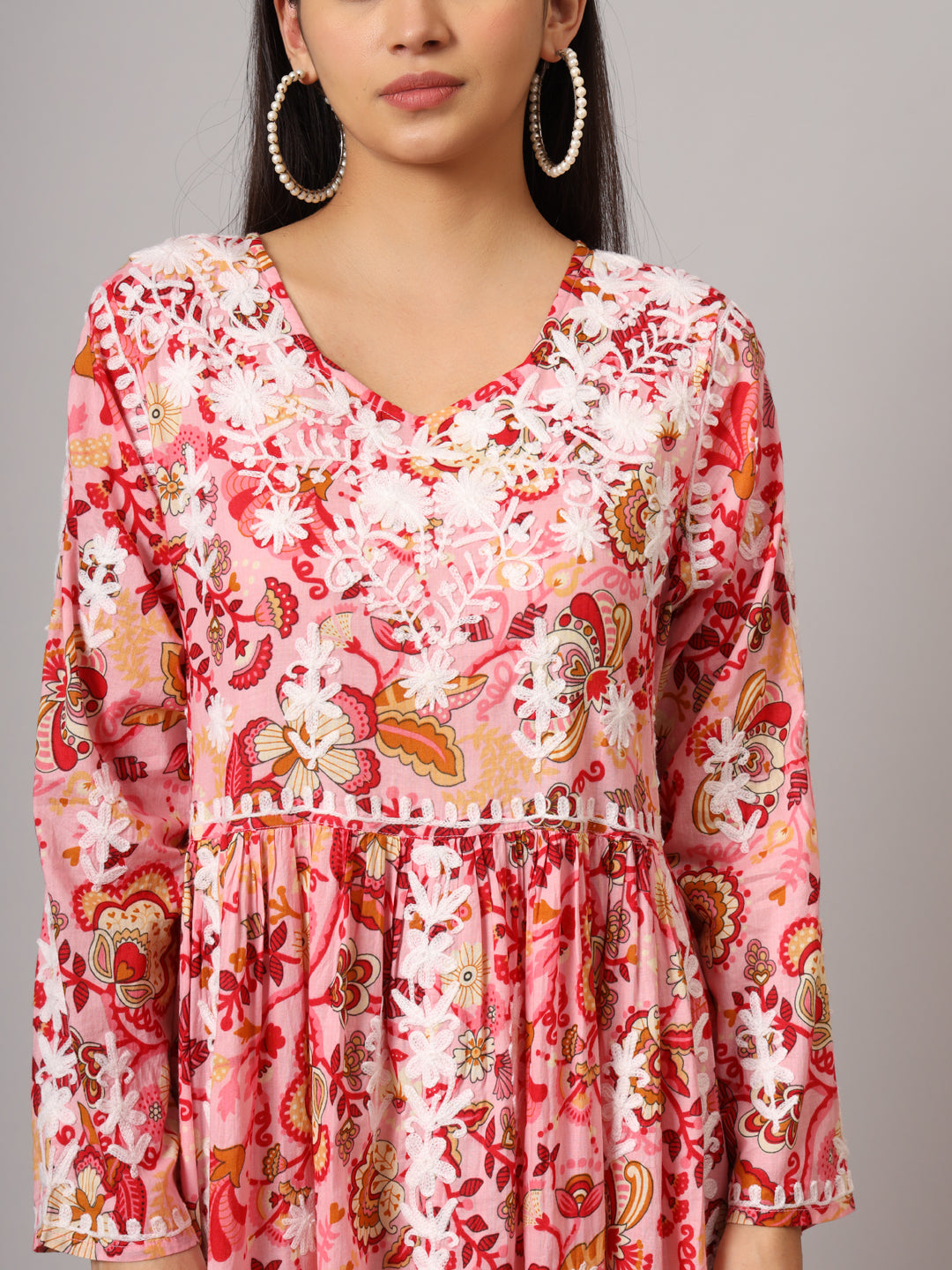 Hand Embroidered Lucknowi Chikankari Printed Mulmul Cotton Jalabiya-AL3936 Coral