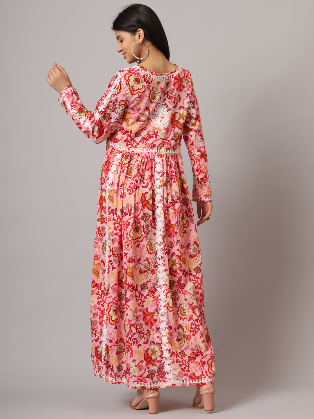 Hand Embroidered Lucknowi Chikankari Printed Mulmul Cotton Jalabiya-AL3936 Coral