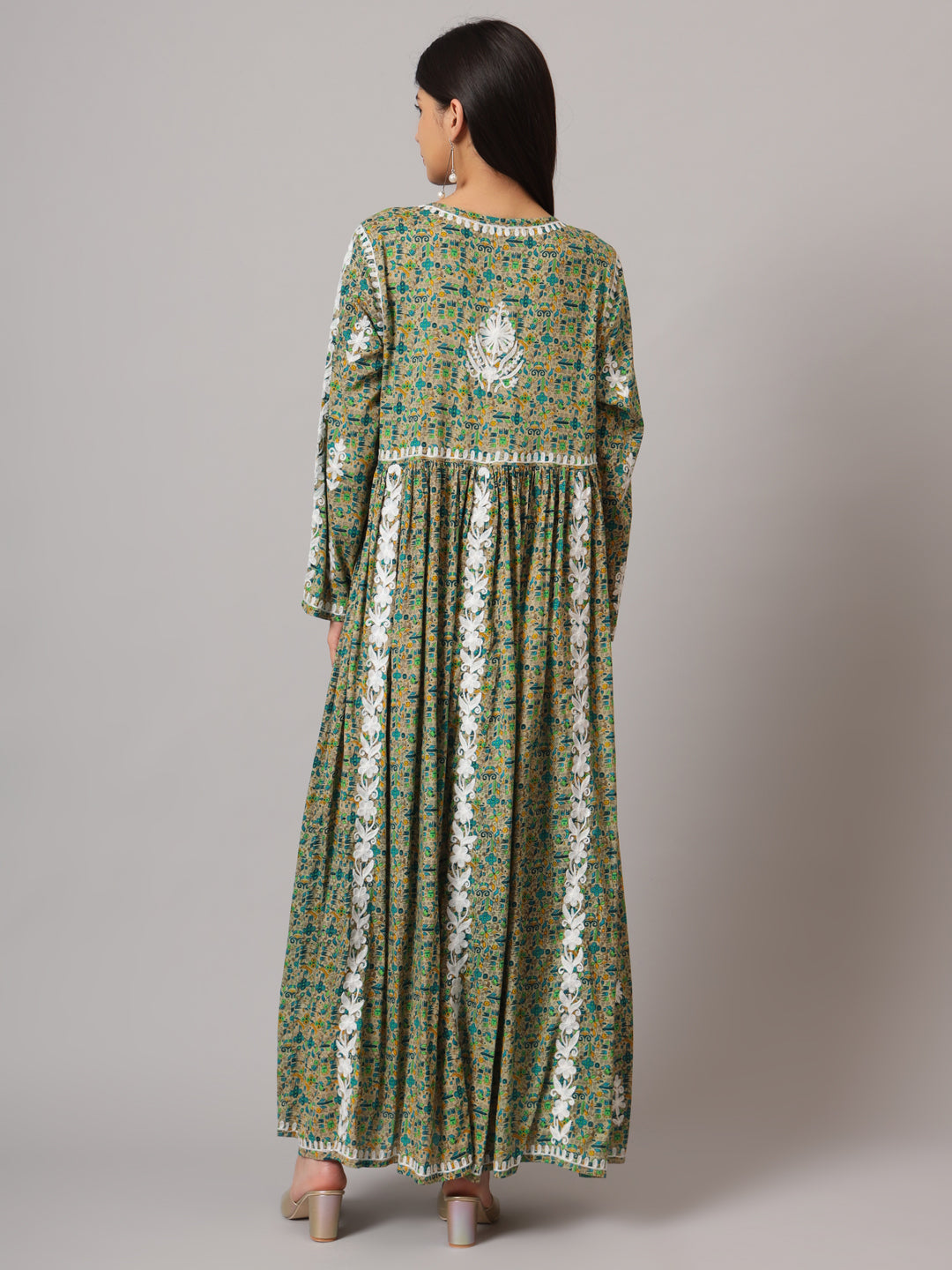 Hand Embroidered Lucknowi Chikankari Printed Mulmul Cotton Jalabiya-AL3936 Green & Aqua