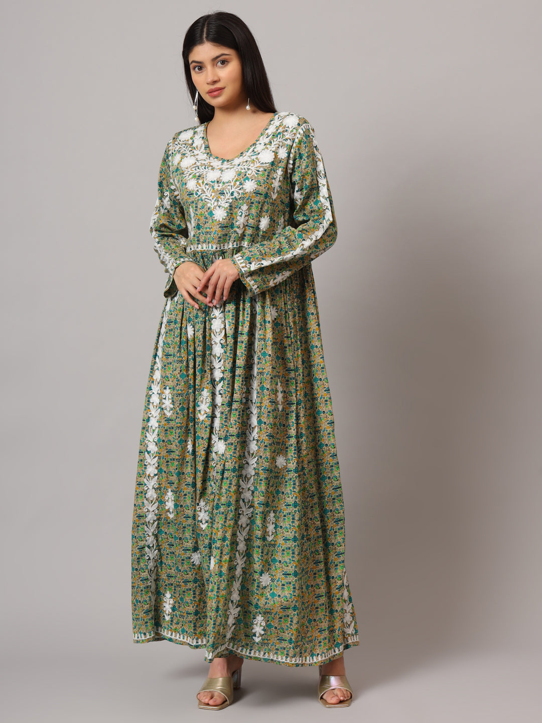 Hand Embroidered Lucknowi Chikankari Printed Mulmul Cotton Jalabiya-AL3936 Green & Aqua