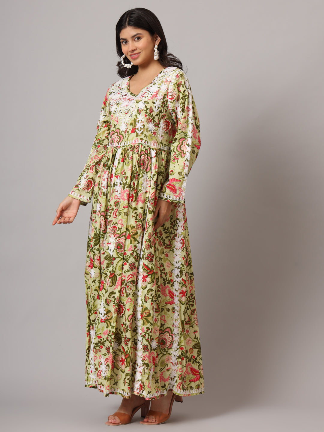 Hand Embroidered Lucknowi Chikankari Printed Mulmul Cotton Jalabiya-AL3936 Green & Pink