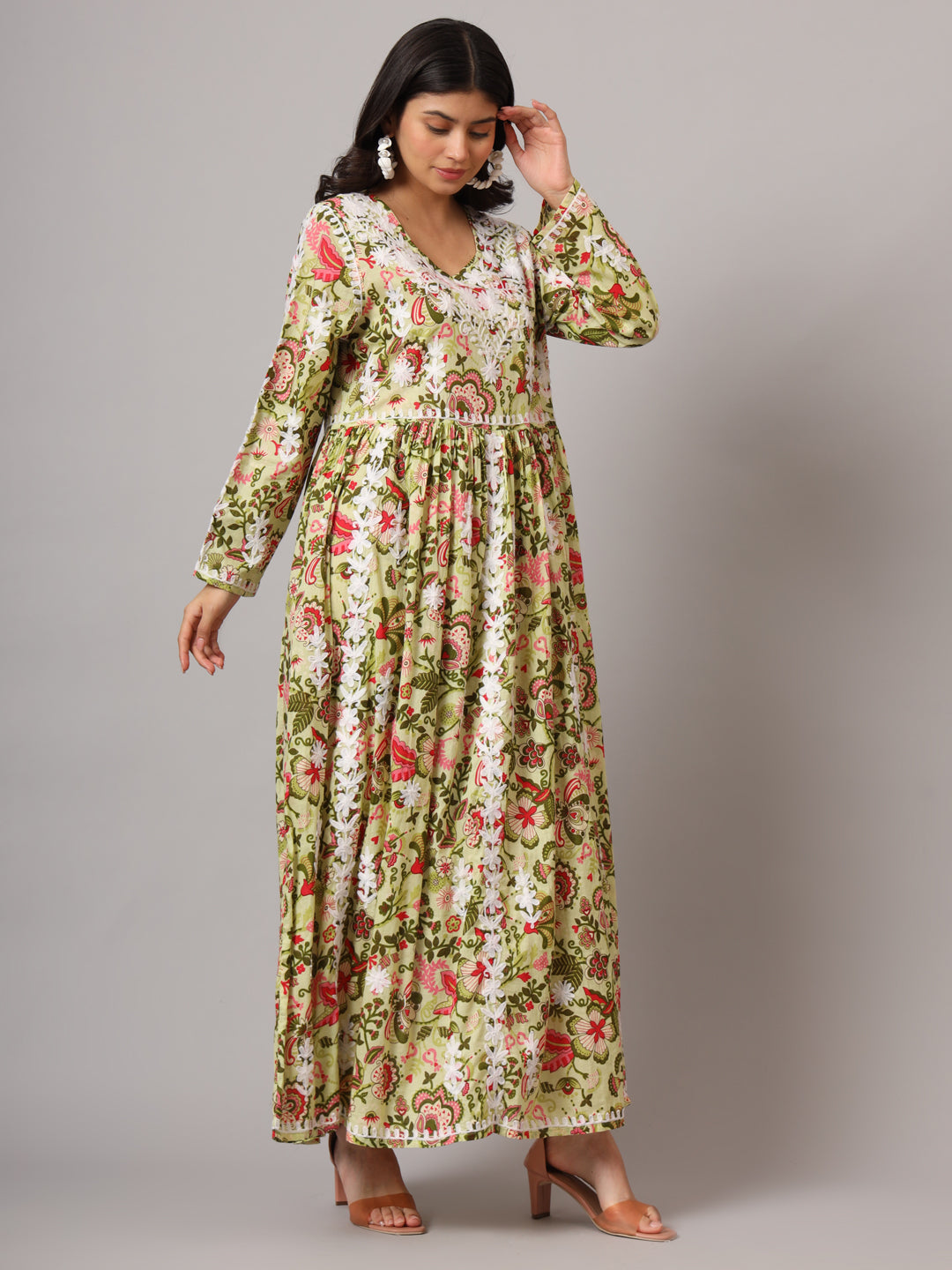 Hand Embroidered Lucknowi Chikankari Printed Mulmul Cotton Jalabiya-AL3936 Green & Pink