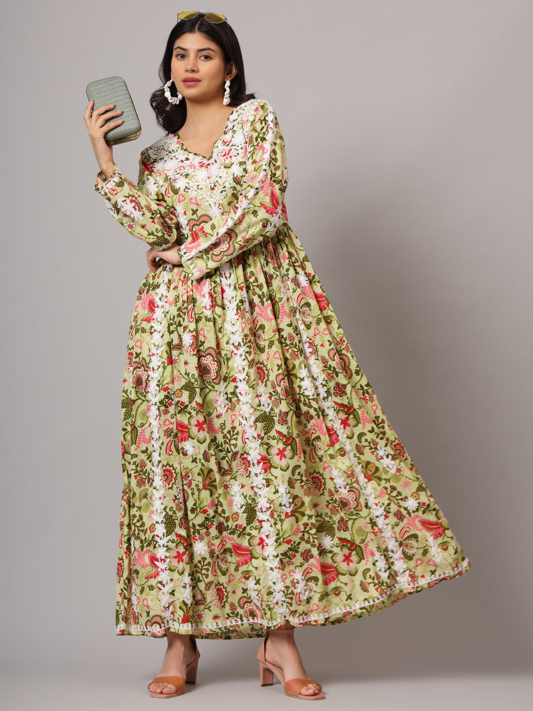 Hand Embroidered Lucknowi Chikankari Printed Mulmul Cotton Jalabiya-AL3936 Green & Pink