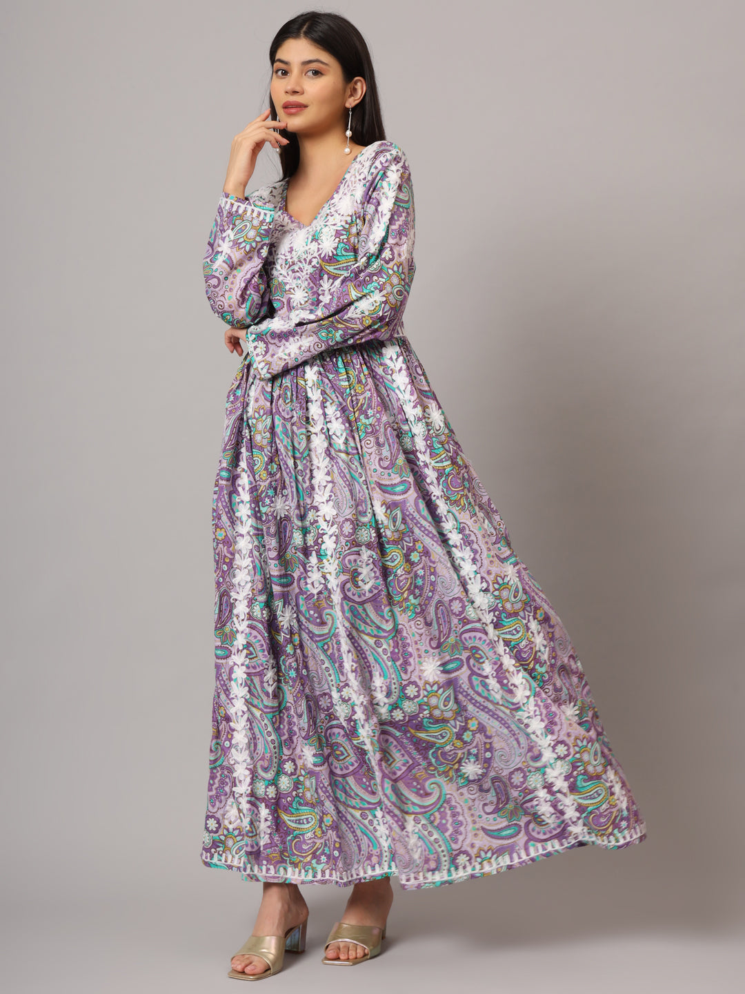 Hand Embroidered Lucknowi Chikankari Printed Mulmul Cotton Jalabiya-AL3936 Mauve & White