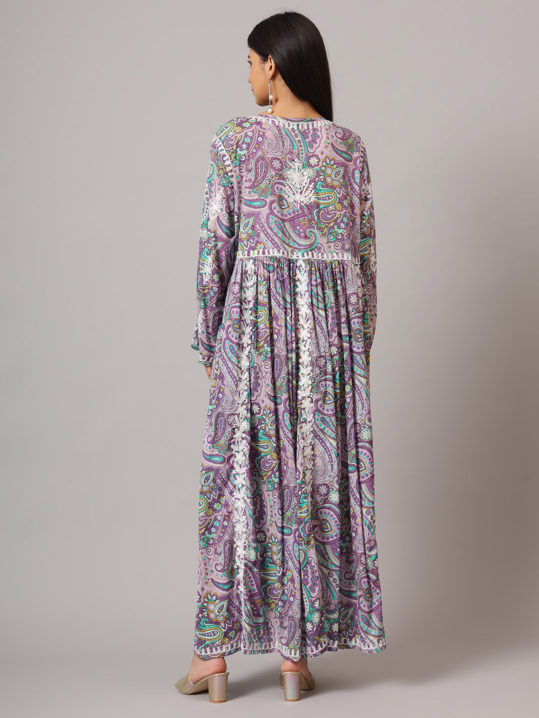 Hand Embroidered Lucknowi Chikankari Printed Mulmul Cotton Jalabiya-AL3936 Mauve & White